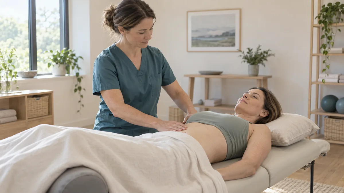 Practitioner using gentle soft-tissue contact around a client's upper abdomen during relaxed breathing