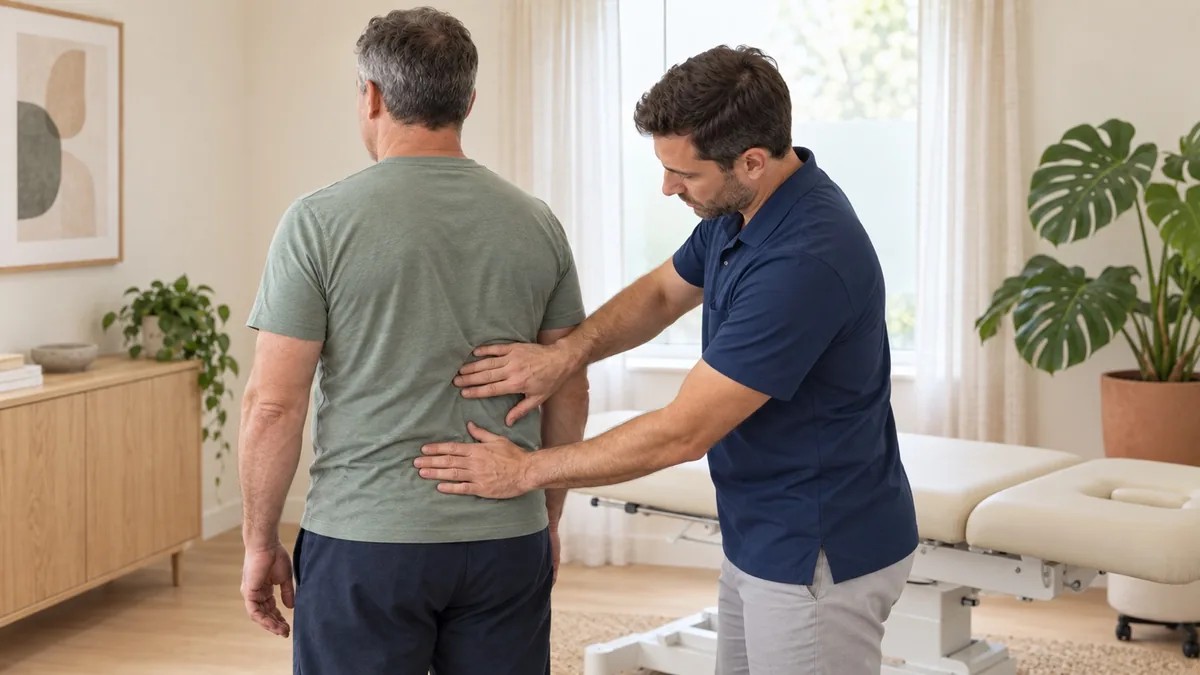 Male practitioner assessing a fully clothed client's lower-back movement while standing