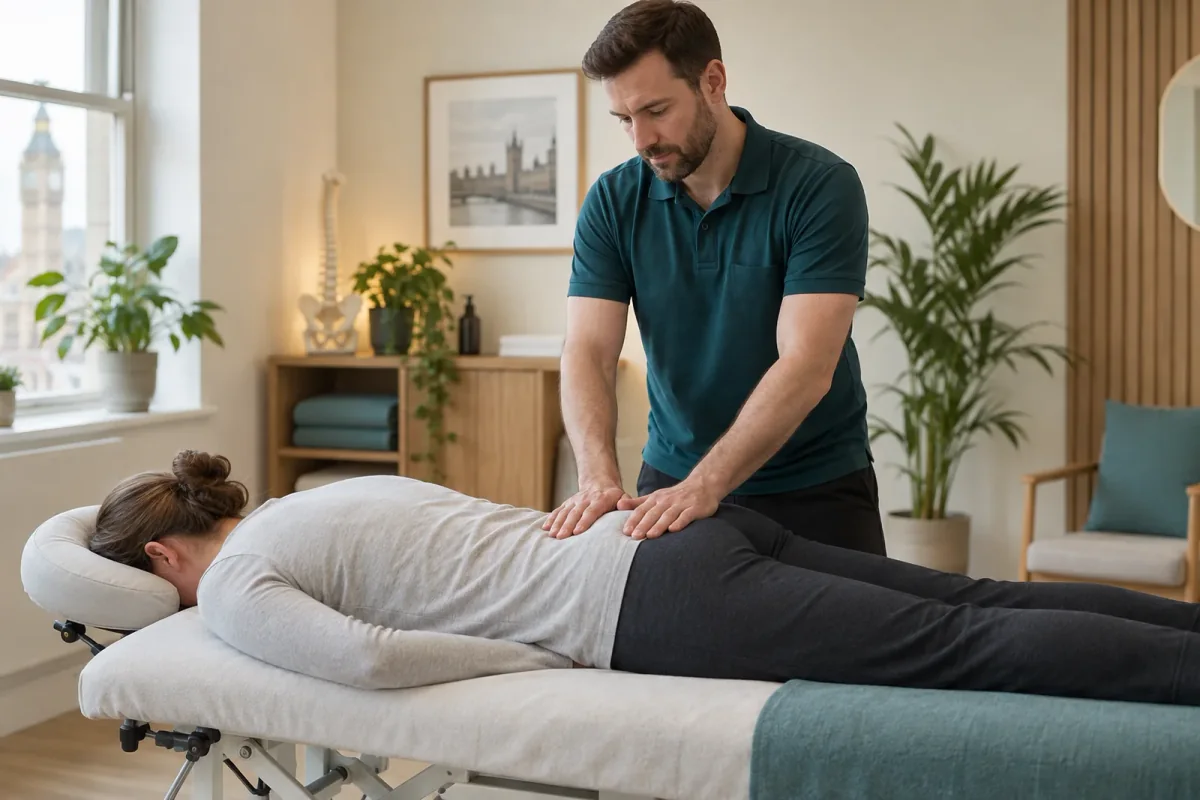 Therapist assessing the lower back of a fully clothed client