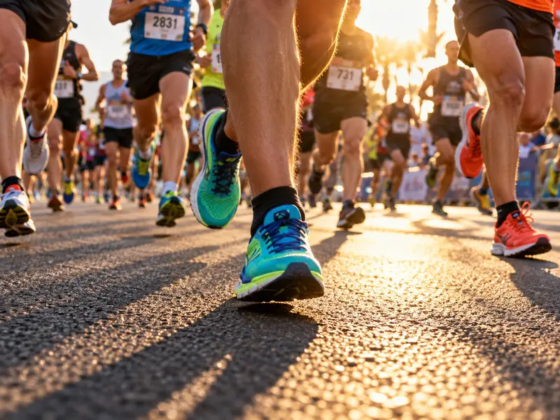 Runners wearing colourful trainers during a sunlit road race