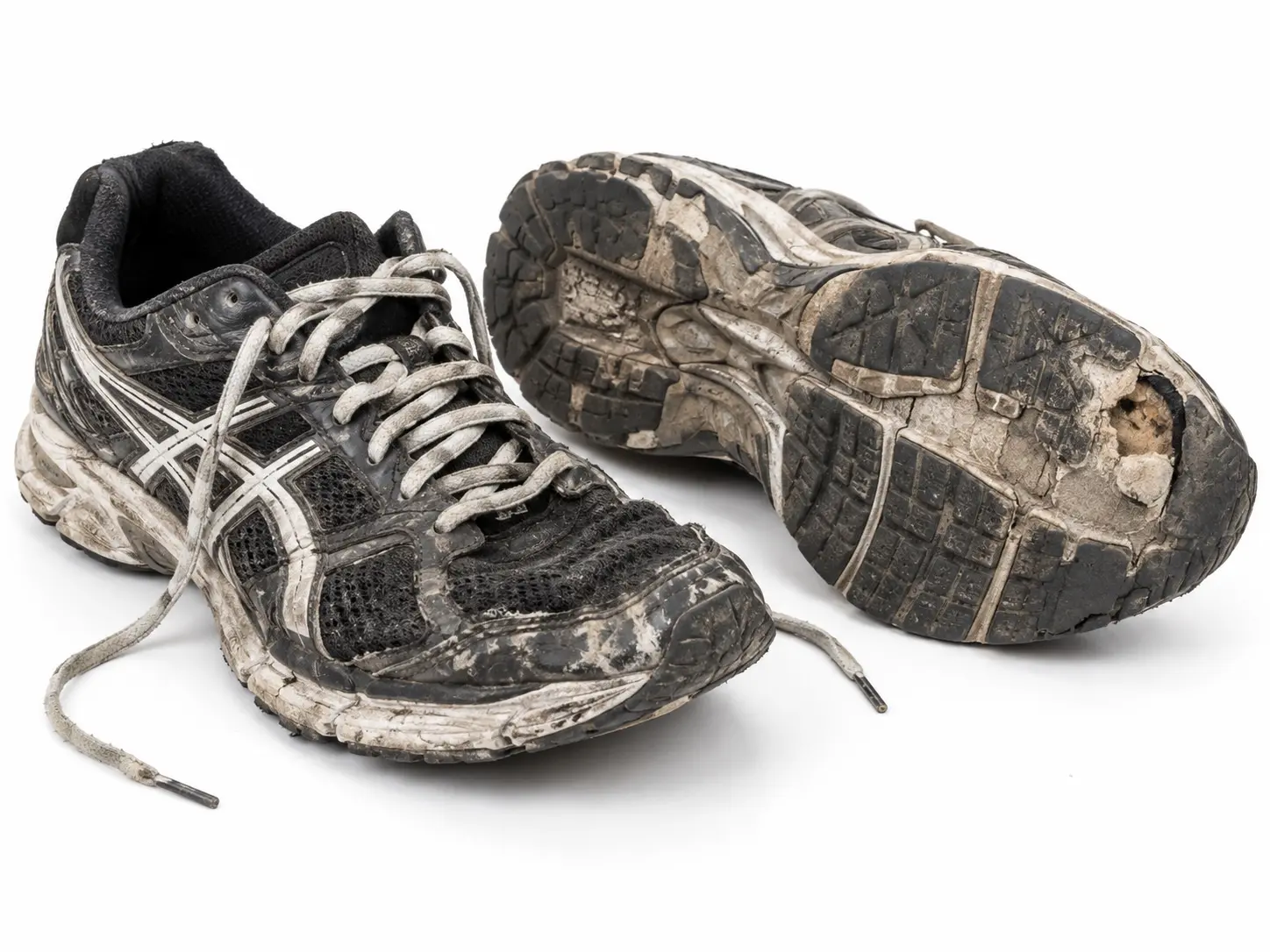 A pair of heavily worn running trainers with damaged soles and dirty uppers